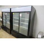 NEW AIR 2 door glass upright refrigerator on wheels, Mod # NGR-115S, approx. 54"w x 29"d x 78"h