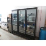 MATKO upright 3 door glass freezer on wheels, Mod # RIFX-63BF, approx. 70"w x 30"d x 79"h