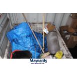 crate with tarp and cleaning supplies