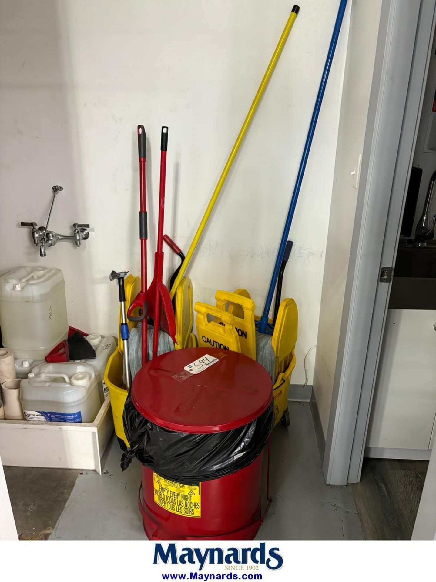 oil waste can, mop bucket and cleaning supplies