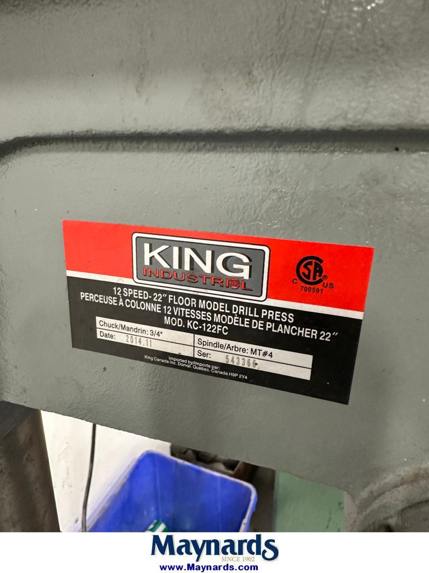 2014 King KC-122FC 12 speed 22" drill press, 3/4" chuck - Image 2 of 2