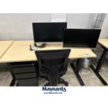 Sit to stand desk with 3 door filing cabinet and chair