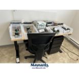 Sit to stand desk with 3 door filing cabinet and chair