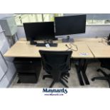 Sit to stand desk with 3 door filing cabinet and chair