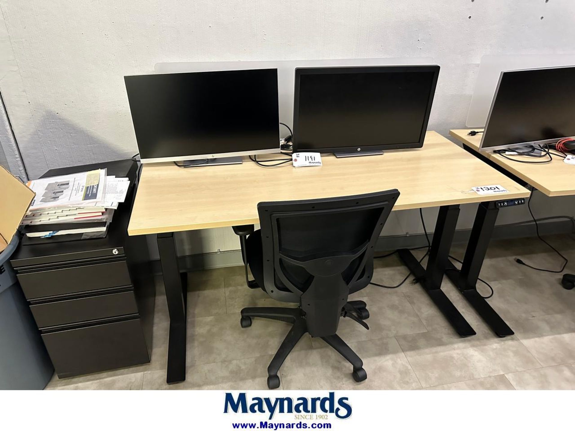 Sit to stand desk with 3 door filing cabinet and chair
