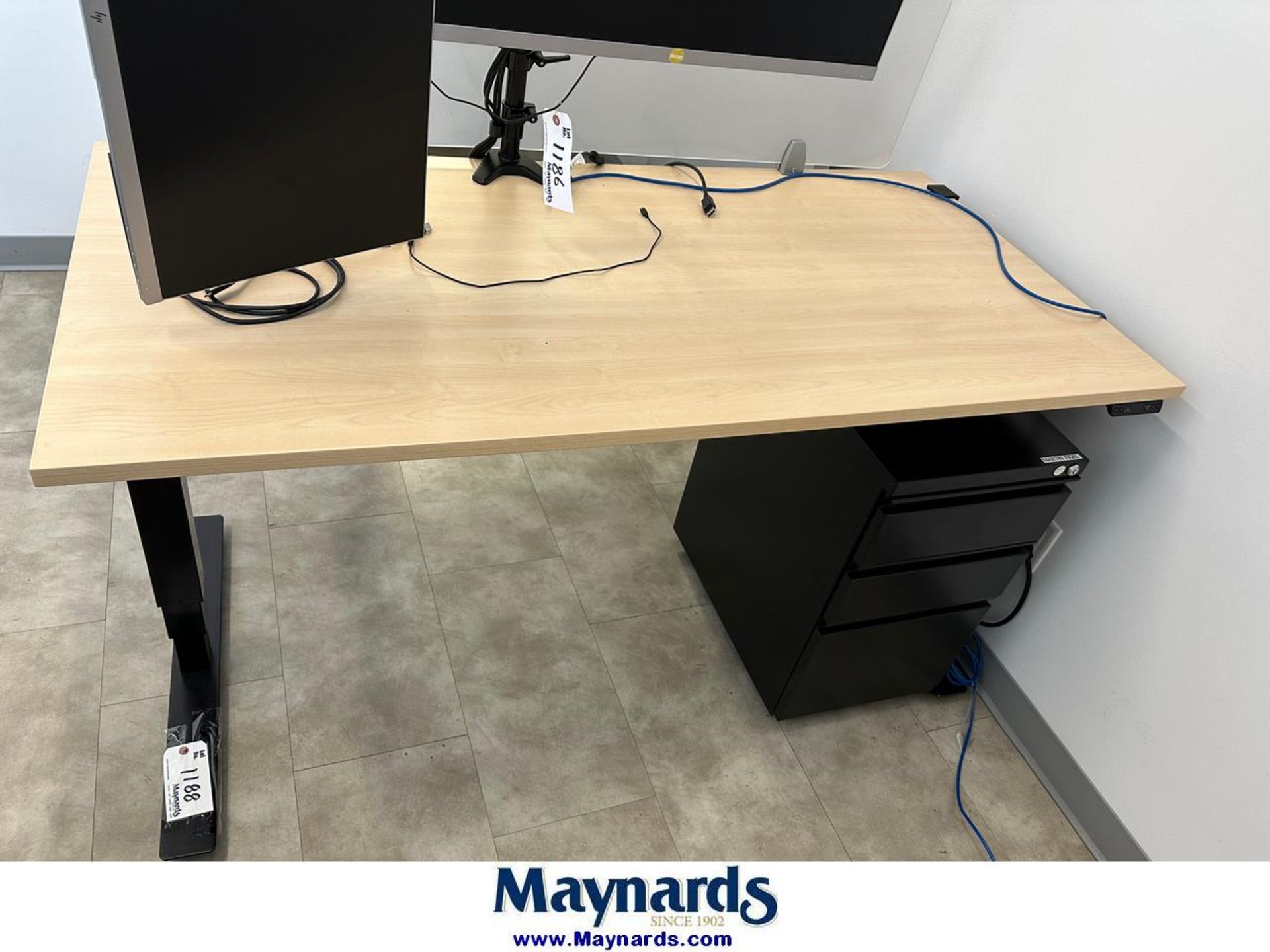 Sit to stand desk with 3 door filing cabinet