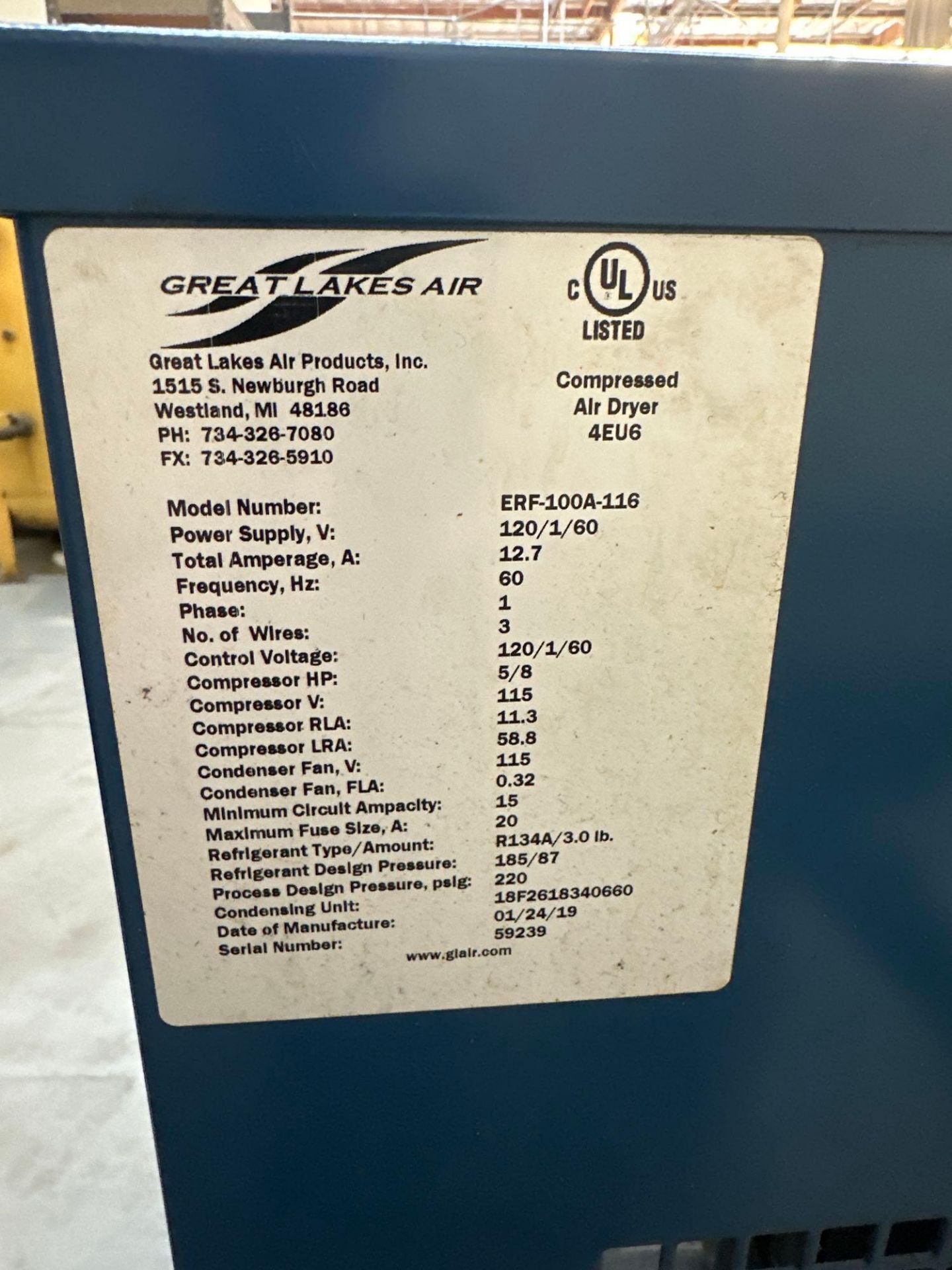 Great Lakes ERF-100A-116 Air Dryer, 5/8hp, s/n 59239, 2019 - Image 7 of 7