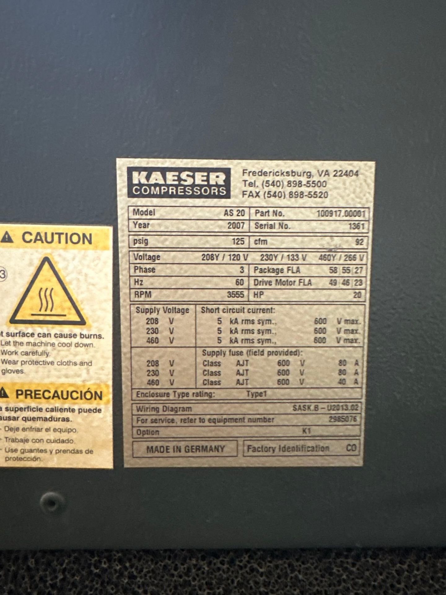 Kaeser AS20 Rotary Screw Air Compressor, 125psig, 20hp, 3555rpm, 32094hrs, s/n 1361 - Image 5 of 6