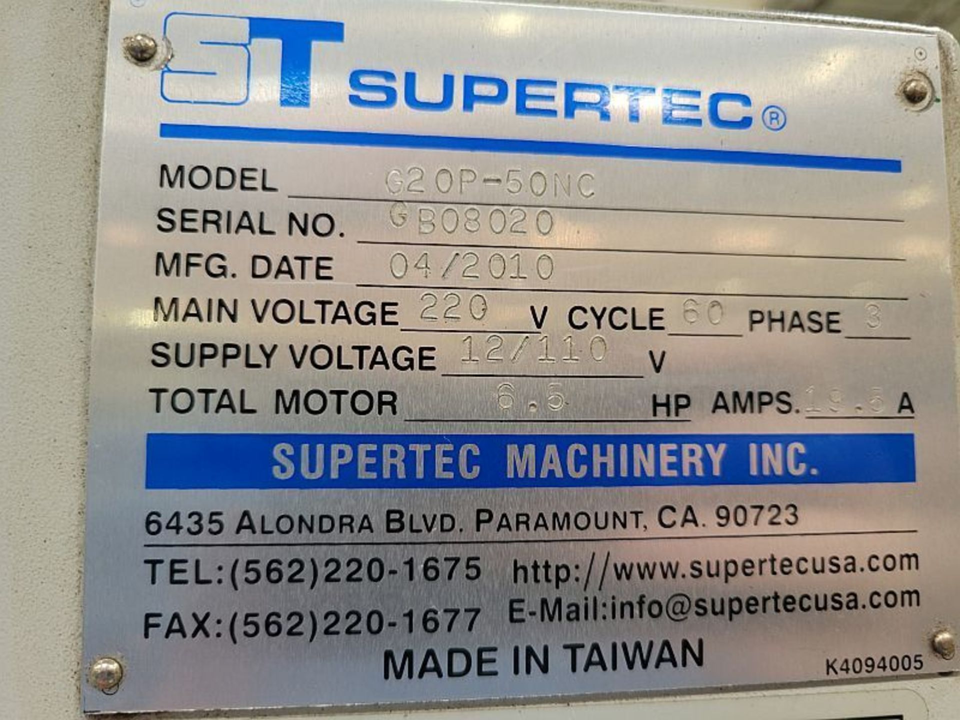 8" x 16" Supertec G20P-50NC Cylindrical Grinder, Touch Screen Control, New 2010 *Off-Site Machine* - Image 4 of 4