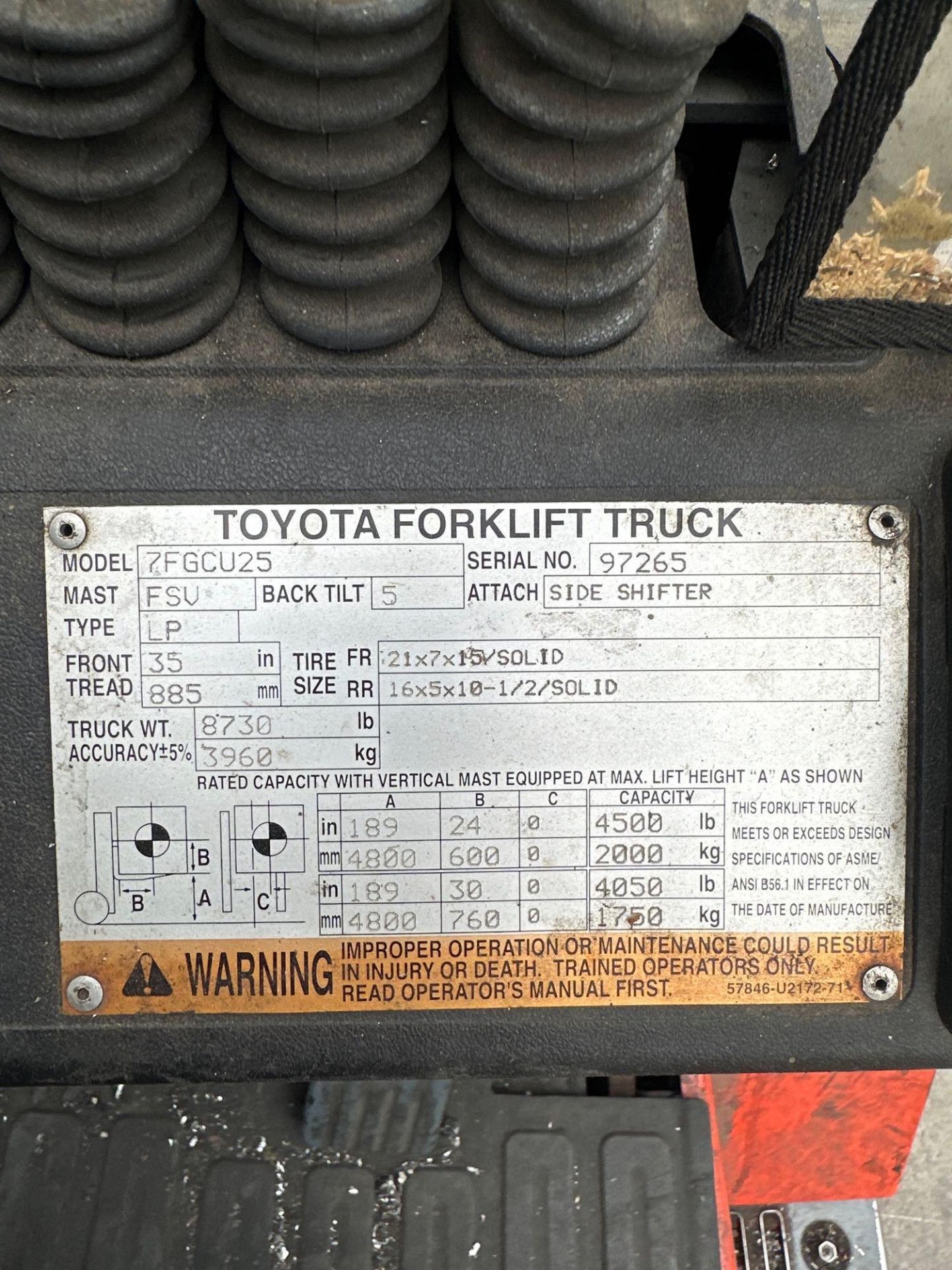 5,000lbs Toyota 7FGCU25 Forklift, LPG, s/n 97265 - Image 8 of 8