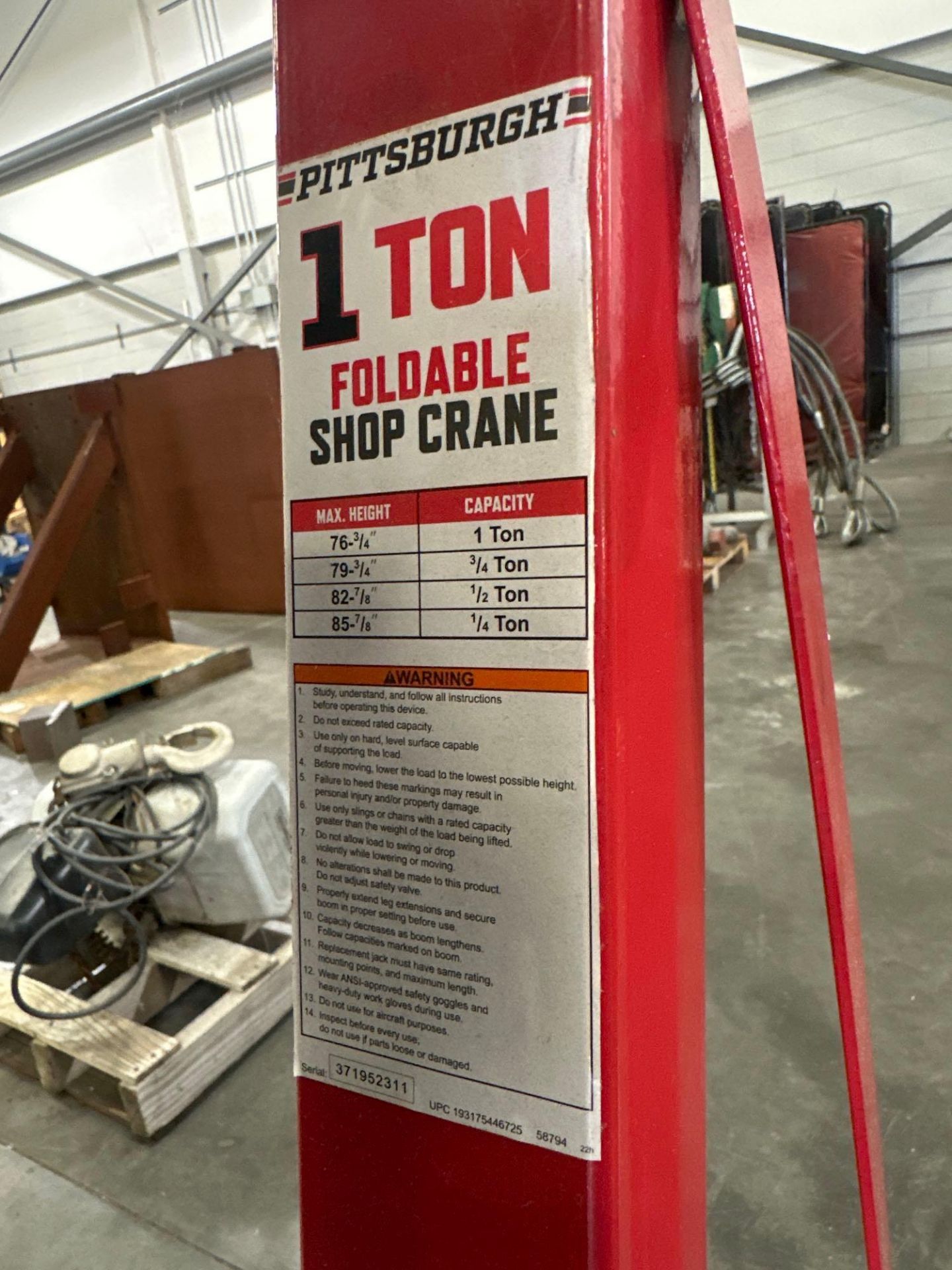 1 Ton Pittsburgh Foldable Shop Crane - Image 5 of 5