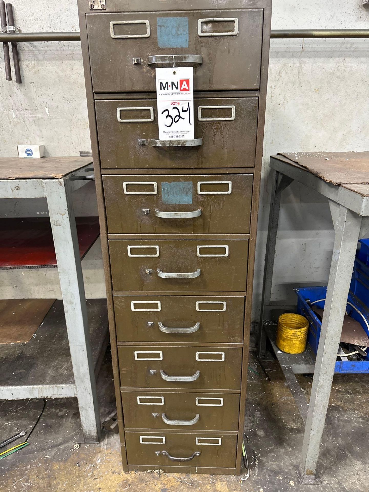 8 Drawer Cabinet w/ Assorted Lathe Cutters and Hardware