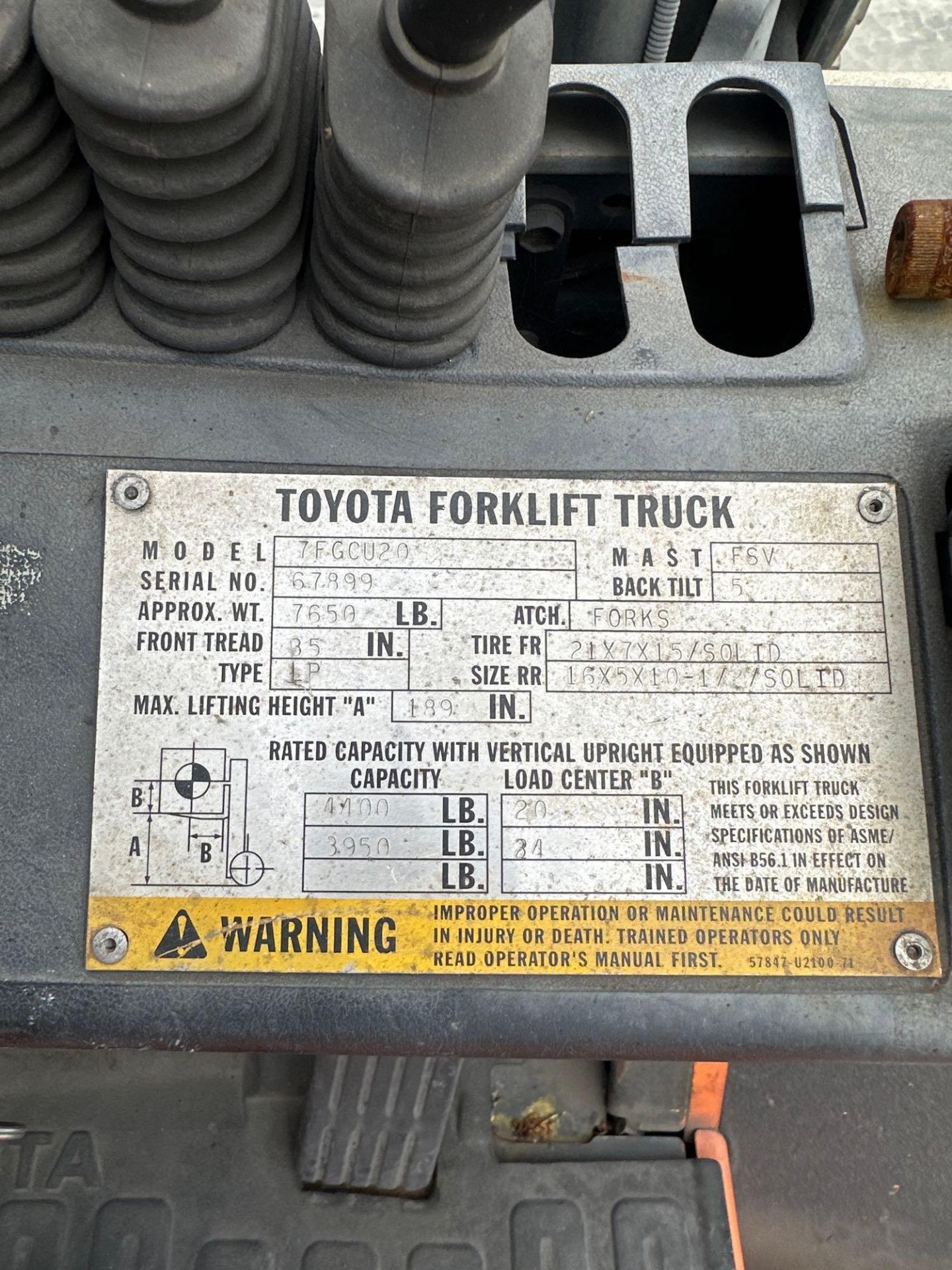4000 lbs Toyota 7FGCU20 Forklift, LPG, s/n 67899 - Image 7 of 7