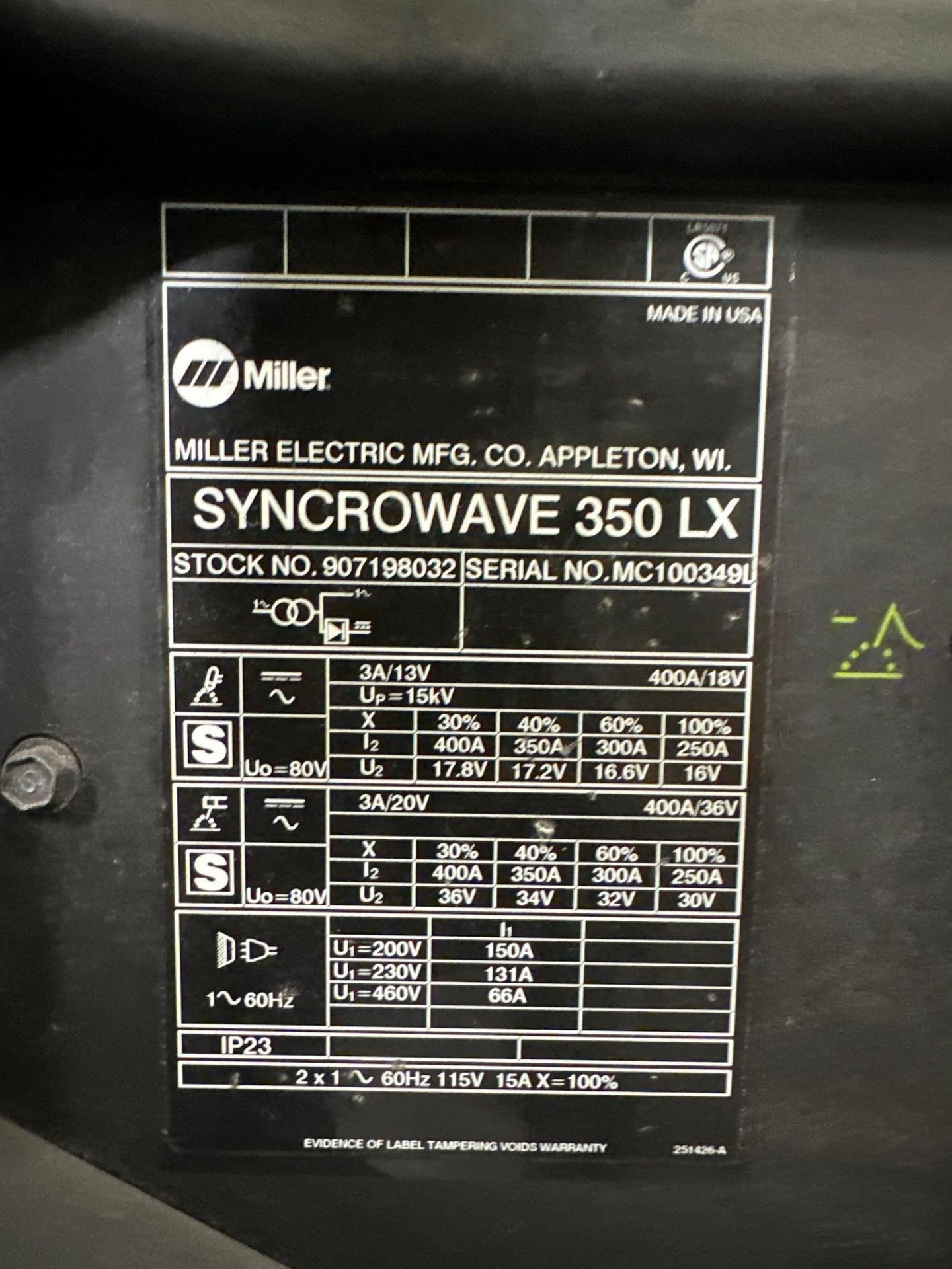 Miller Syncrowave 350LX Tig Welder, 5.9 Amps, s/n MC100349L *NEEDS REPAIR/MAINTENANCE* - Image 9 of 9