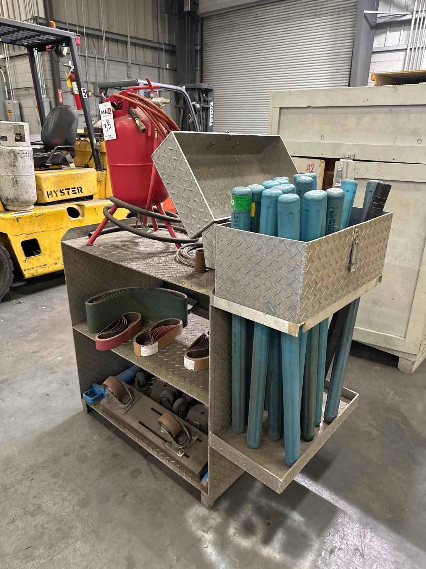 3 Tier Sheet Metal Shelving Unit w/ Central Pnuematic Tank, Welding Rod Containers - Image 2 of 4
