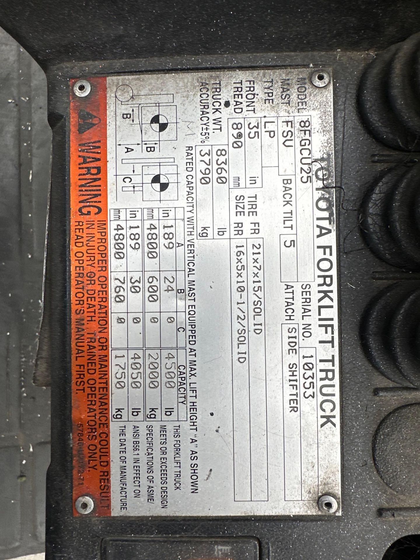 4500lbs Toyota 8FGCU25 Forklift, LPG, s/n 10353 - Image 7 of 8