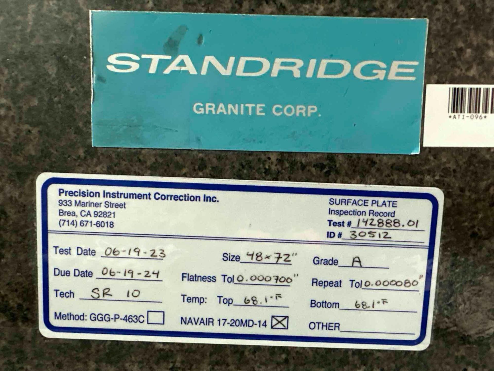 8” x 48” x 72” Grade A Standridge Granite Surface Plate