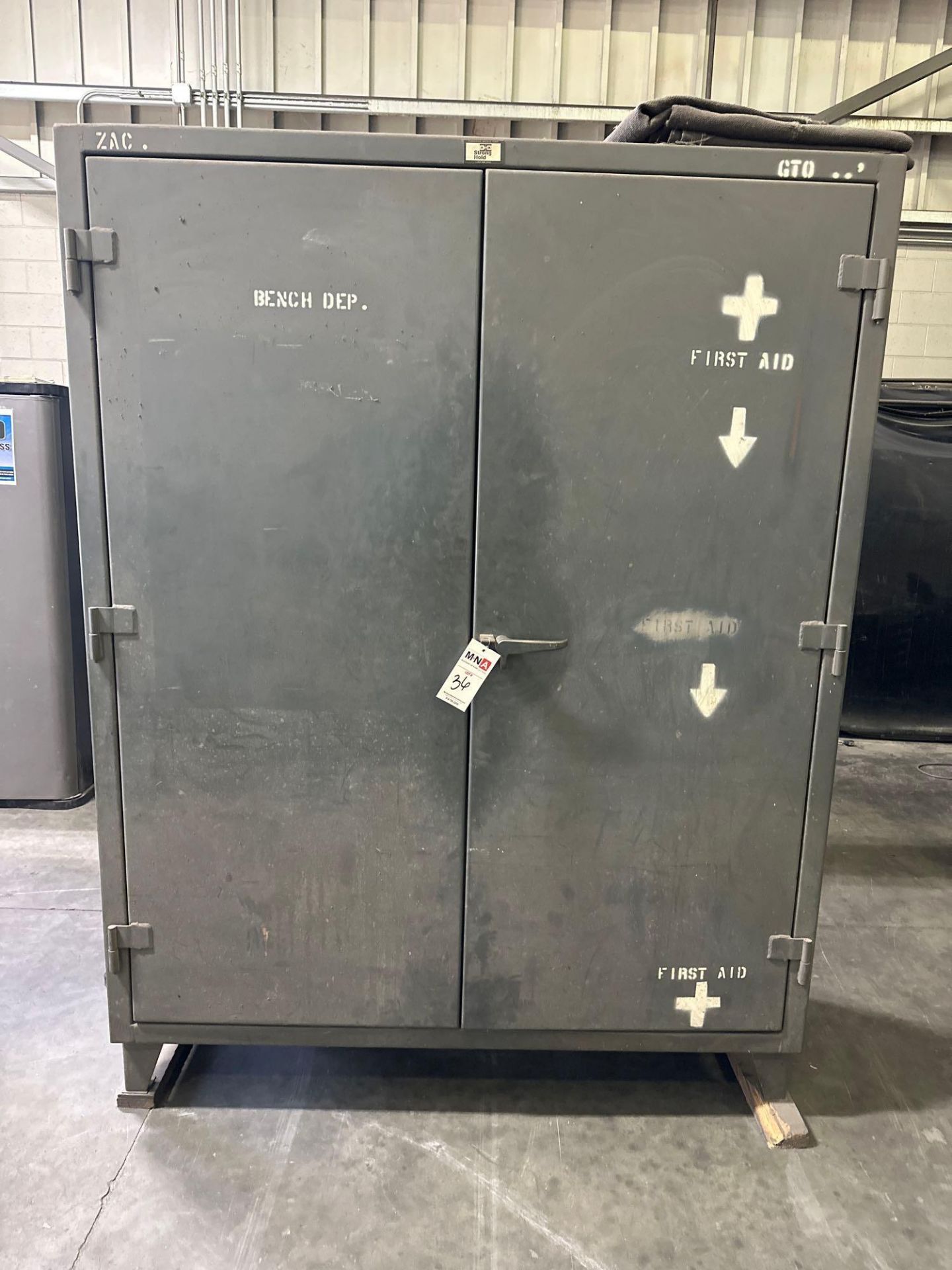 2 Door Steel Cabinet w/ Abrasive Sheets, Storehouse Tool Kit, Hooks, Hoses and Nails