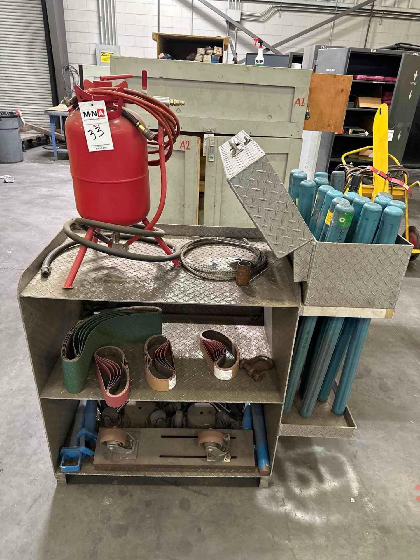 3 Tier Sheet Metal Shelving Unit w/ Central Pnuematic Tank, Welding Rod Containers