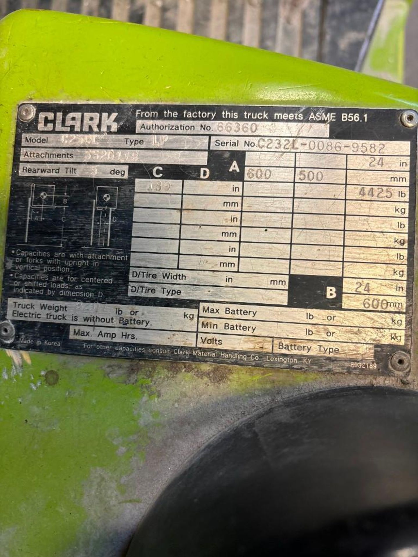 Clark C25CL 4400lbs. LPG Forklift, Side Shift, s/n C232L-0086-9582 *Late Delivery* - Image 3 of 4