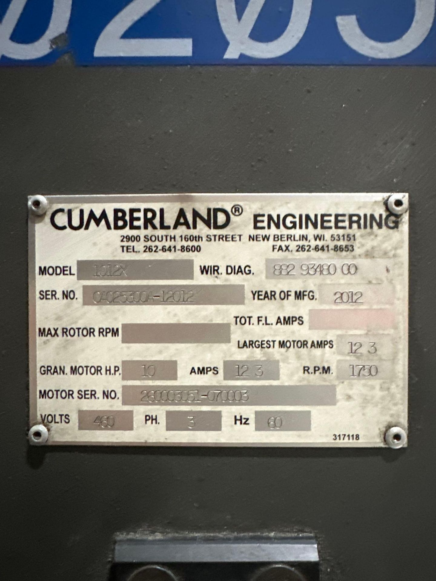 Cumberland 1012X Granulator, 10HP, 1750RPM, 460V, s/n CA025300A-12012, 2012 - Image 5 of 5