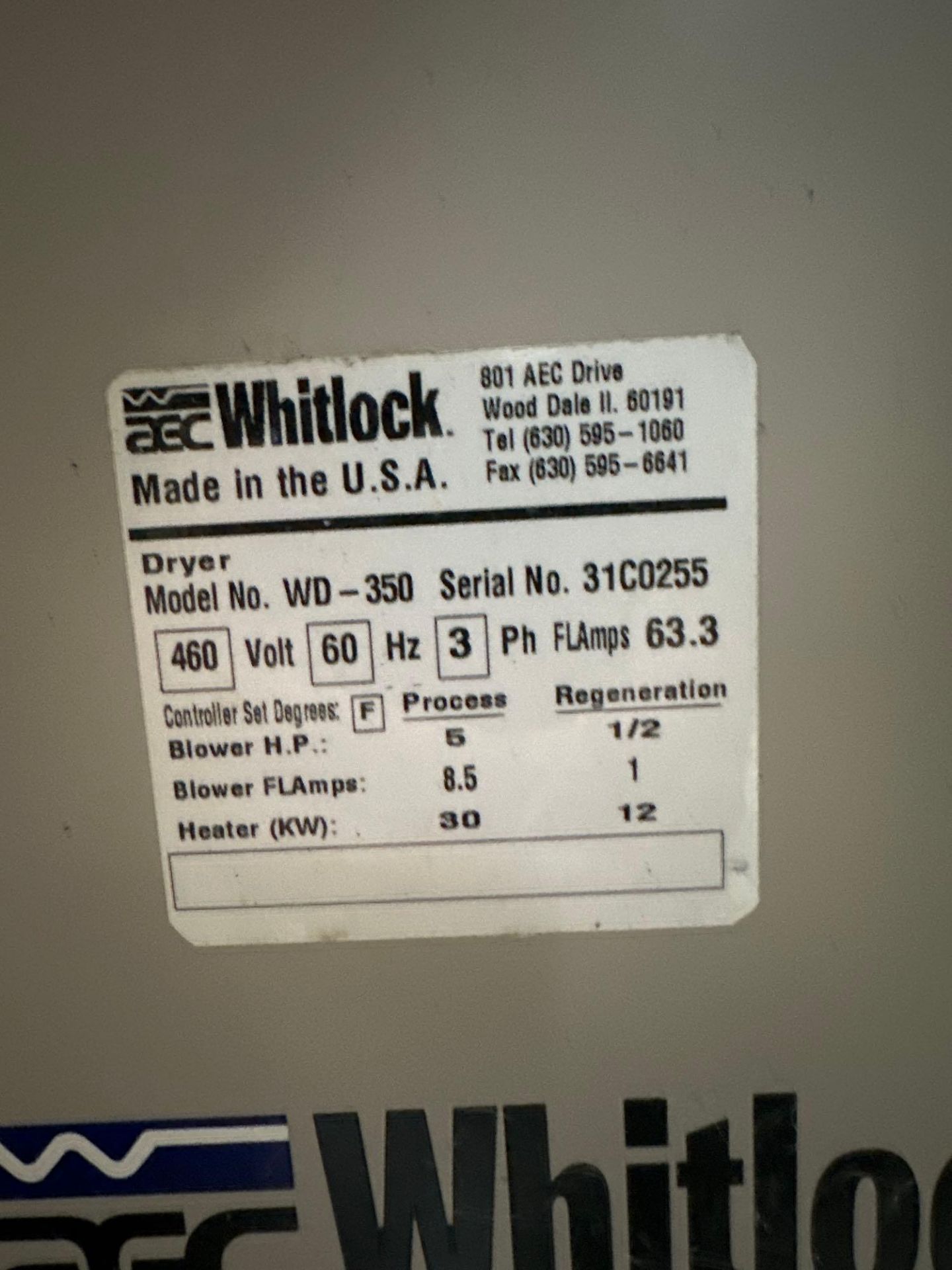 AEC Whitlock WD-350 Material Dryer, Desiccant, . 350 lbs/hr, 480V, 350CFM, 30kw, WD Series Control - Image 5 of 5