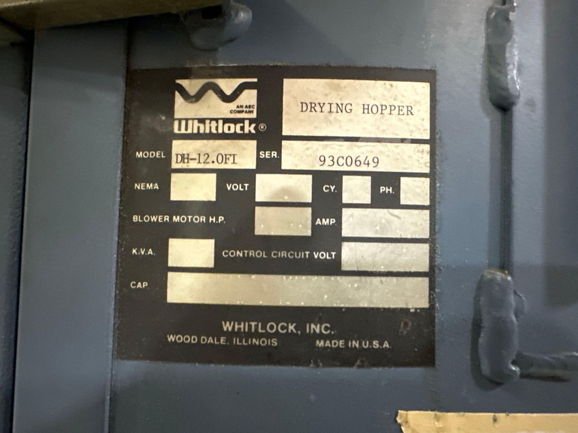 AEC Whitlock DH-12.OFI Drying Hopper, s/n 93c0659 - Image 6 of 6