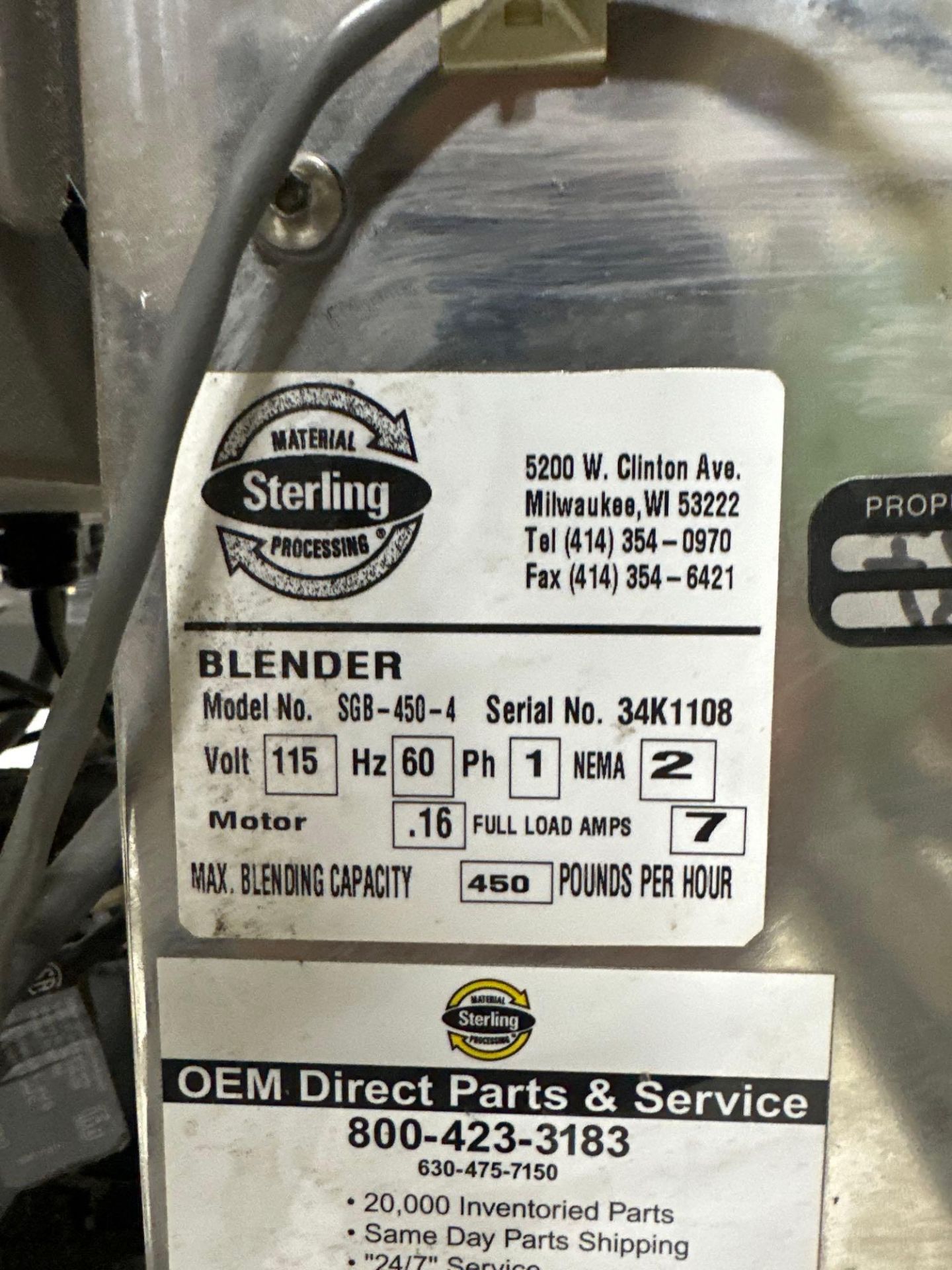 Sterling SGB-450-4 Blender, 450lbs Per Hour, 115v, s/n 34k1108 - Image 8 of 8