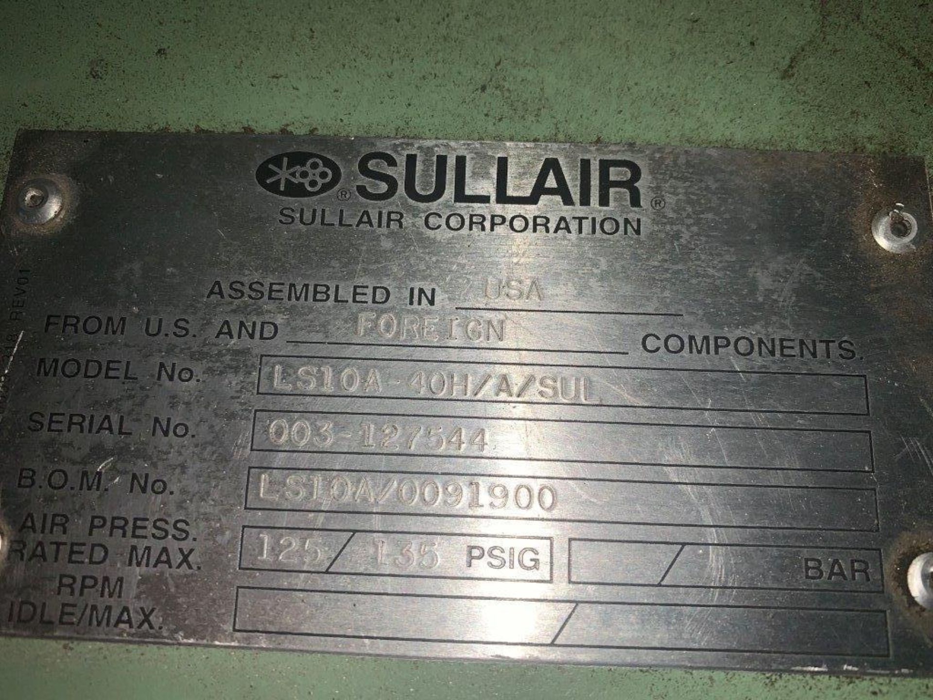 Sullair LS-10A-40HA/SULÊ Rotary Screw Compressor, Air Cooled, 40hp, 125 PSI., Running Hours: 34,662. - Image 7 of 7