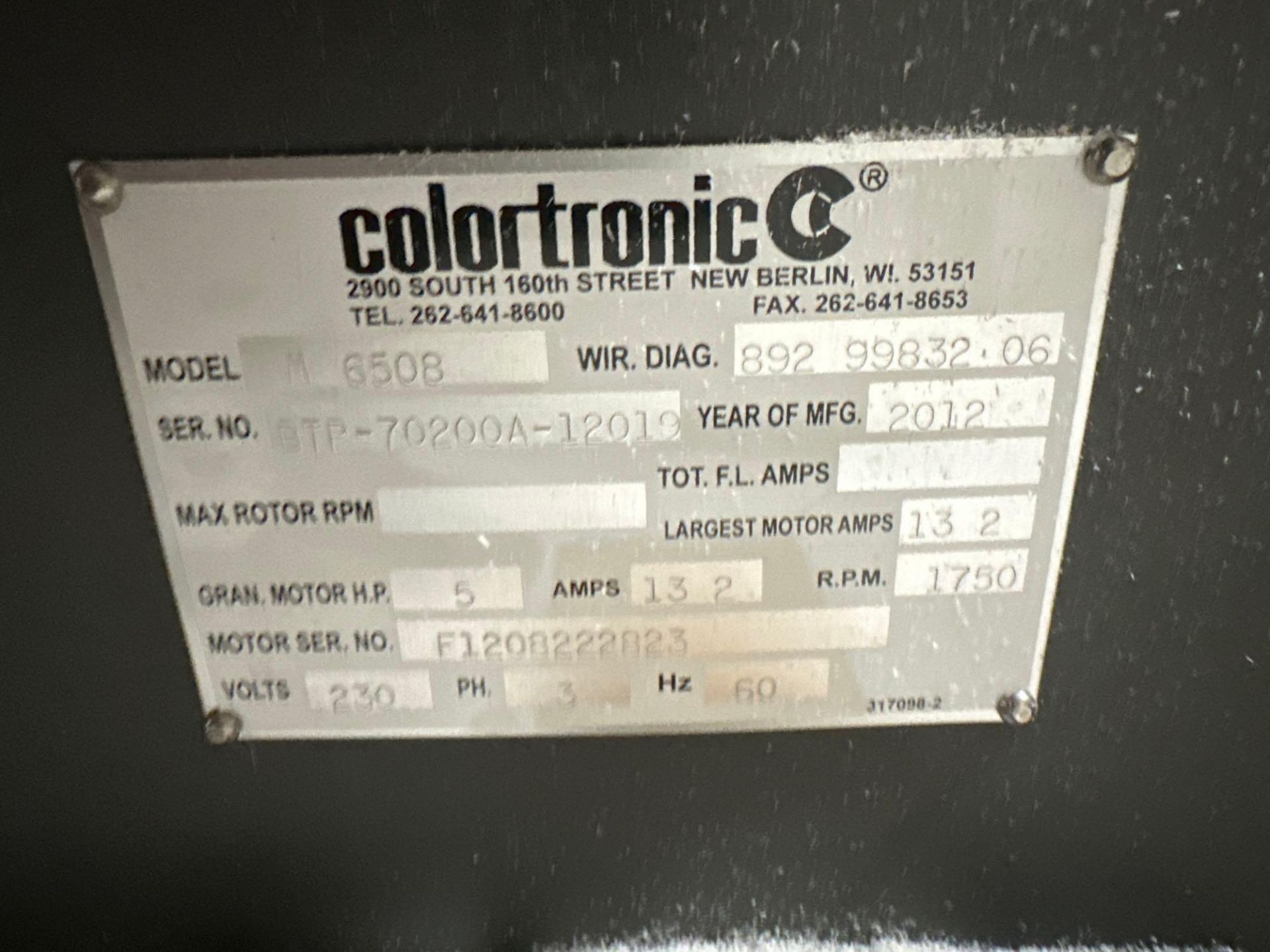 Colortronic M 6508 Granulator, 5HP, 1750RPM, 230V, s/n BTP-70200A-12019, 2012 - Image 6 of 6