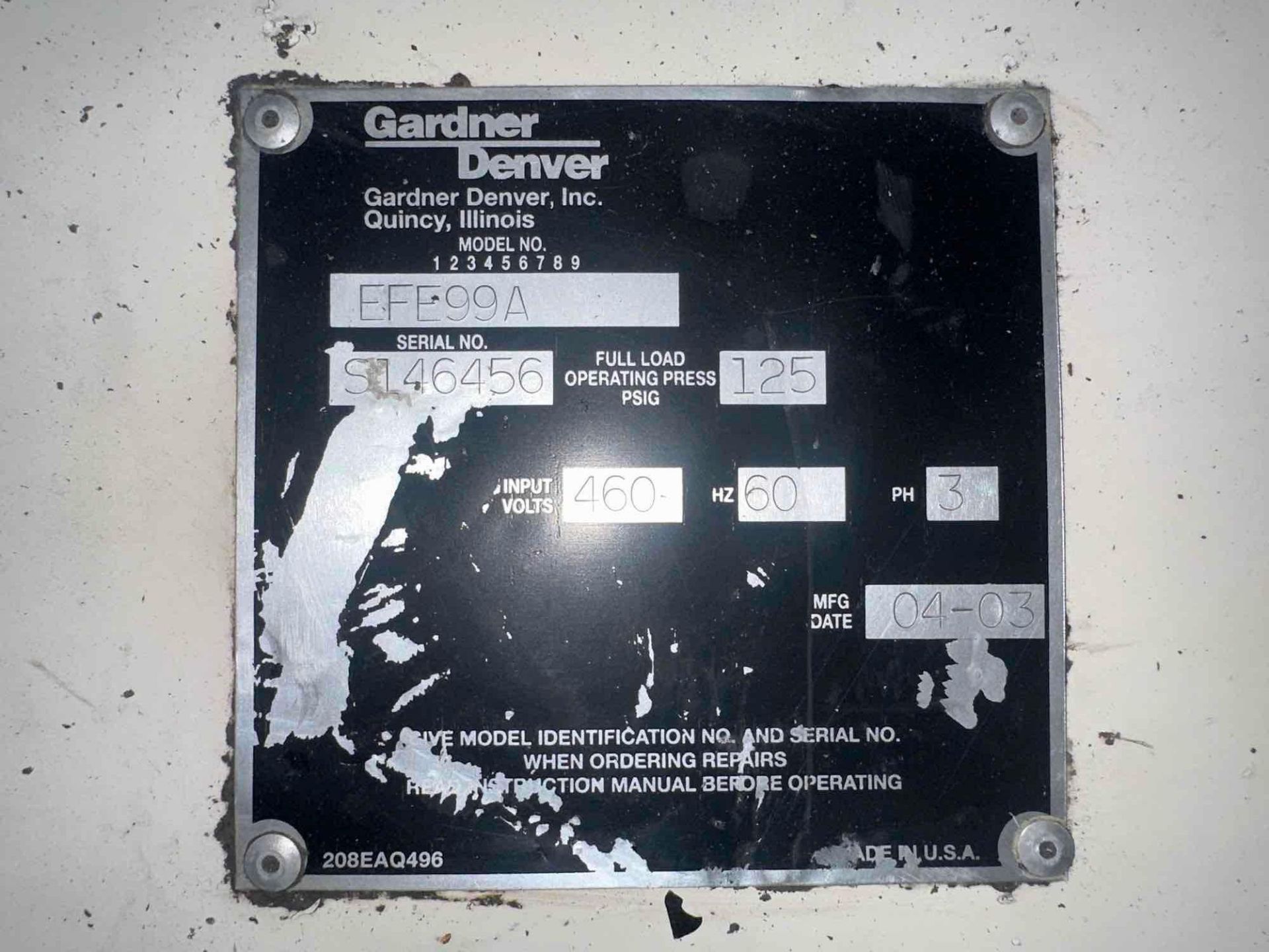 Gardner Denver EFE99A Compressor, 75hp, 125psi, Dimensions:  23"L x 43"W x 79"H, s/n S146456, 2003 - Image 5 of 5