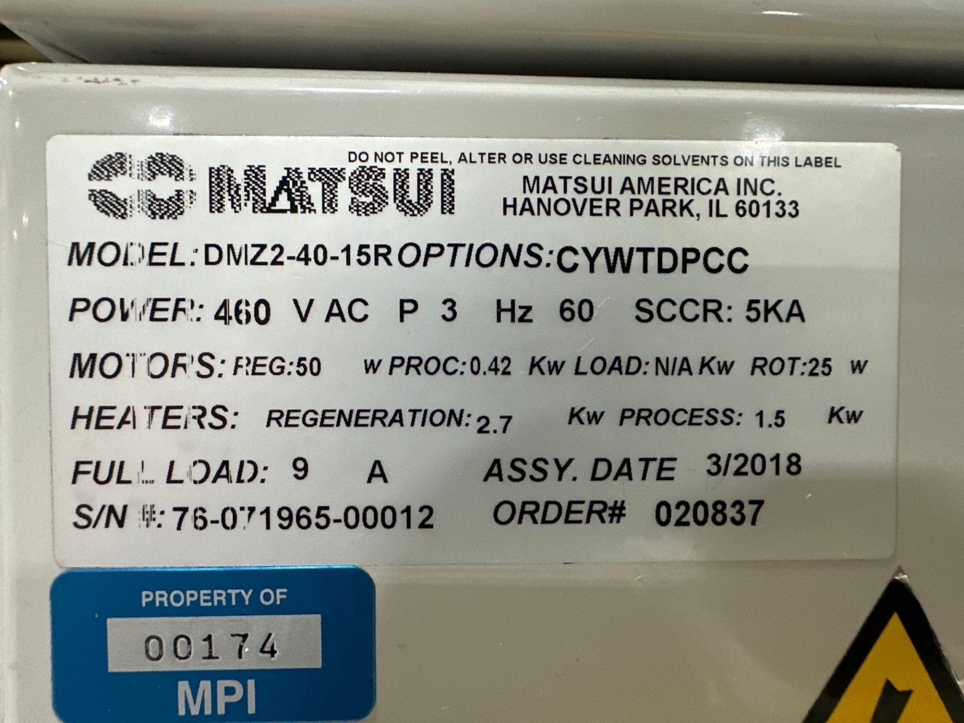 Matsui DMZ2-40-15R Dryer, s/n 76-071965-00012, 2018 - Image 6 of 6