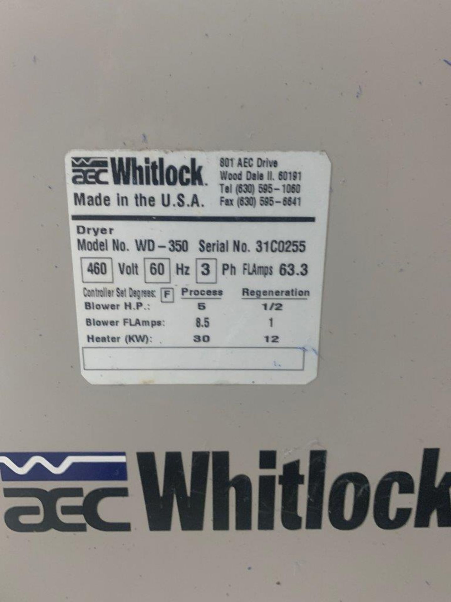 AEC Whitlock WD-350 Material Dryer, Desiccant, . 350 lbs/hr, 480V, 350CFM, 30kw, WD Series Control - Image 10 of 15