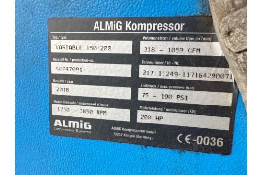 200 HP ALMiG Variable Drive 150 Rotary Screw Air Compressor, 75-190 psi, 1250-3850 rpm, s/n S0047091 - Image 6 of 6