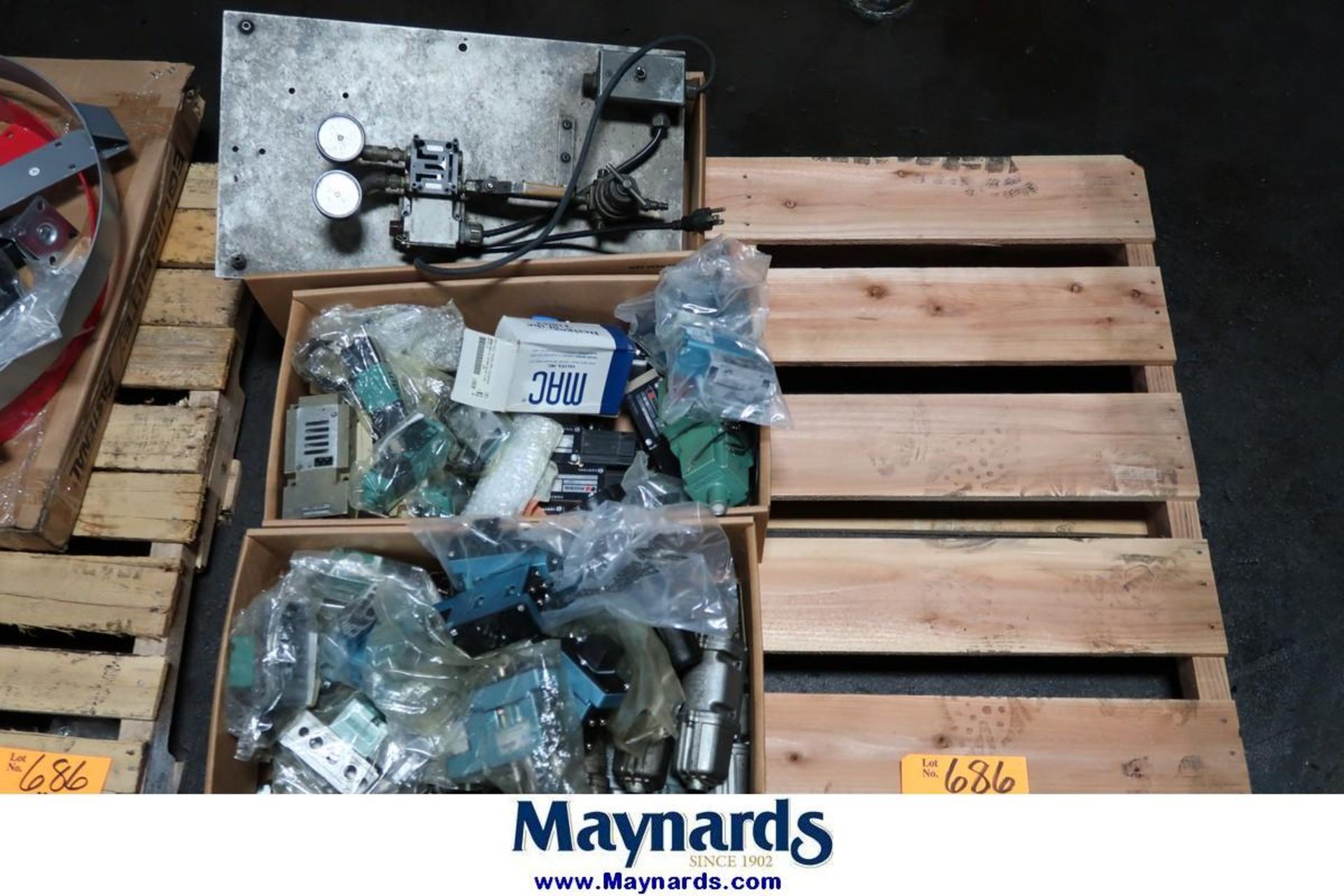 Pallets of Assorted Mac Air Valves, Parker Hydraulic Cylinders, & Misc. Spare Parts