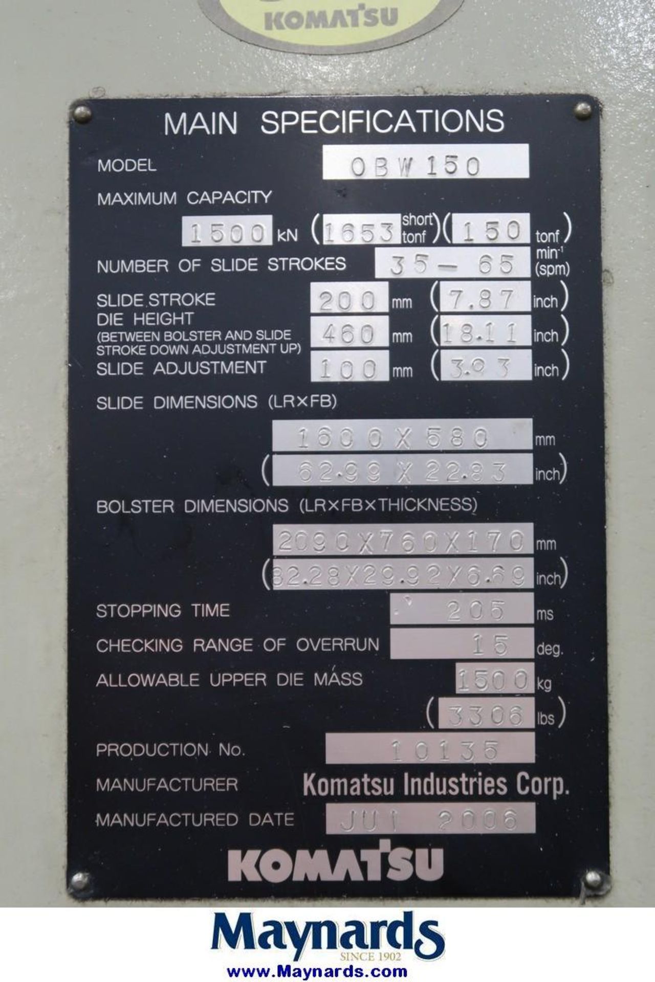 2006 Komatsu OBW-50 165-Ton 2-Point Gap Press - Image 12 of 12