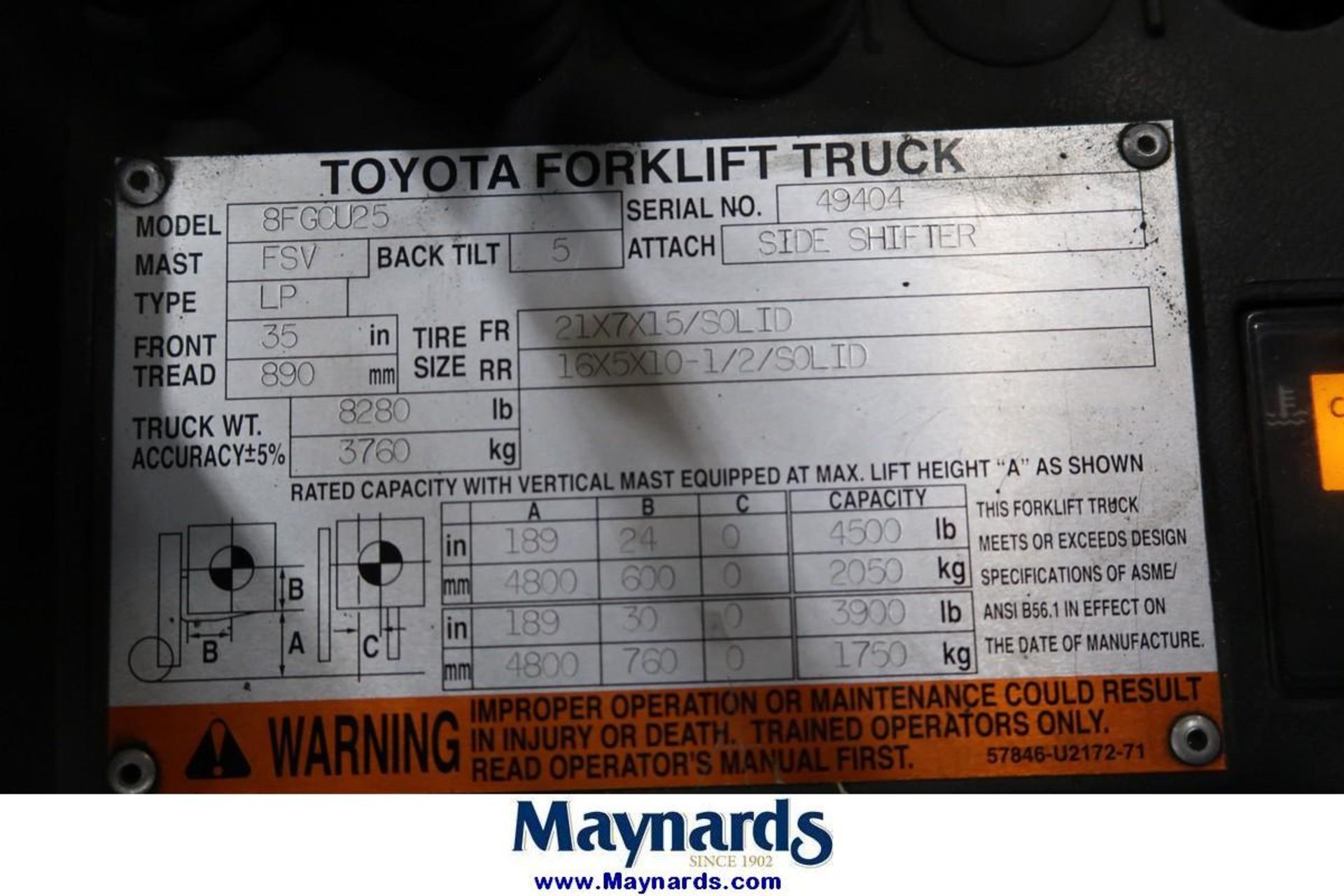 2013 Toyota 8FGCU25 4,500 Lb. Capacity LP Type Fork Lift - Image 10 of 10