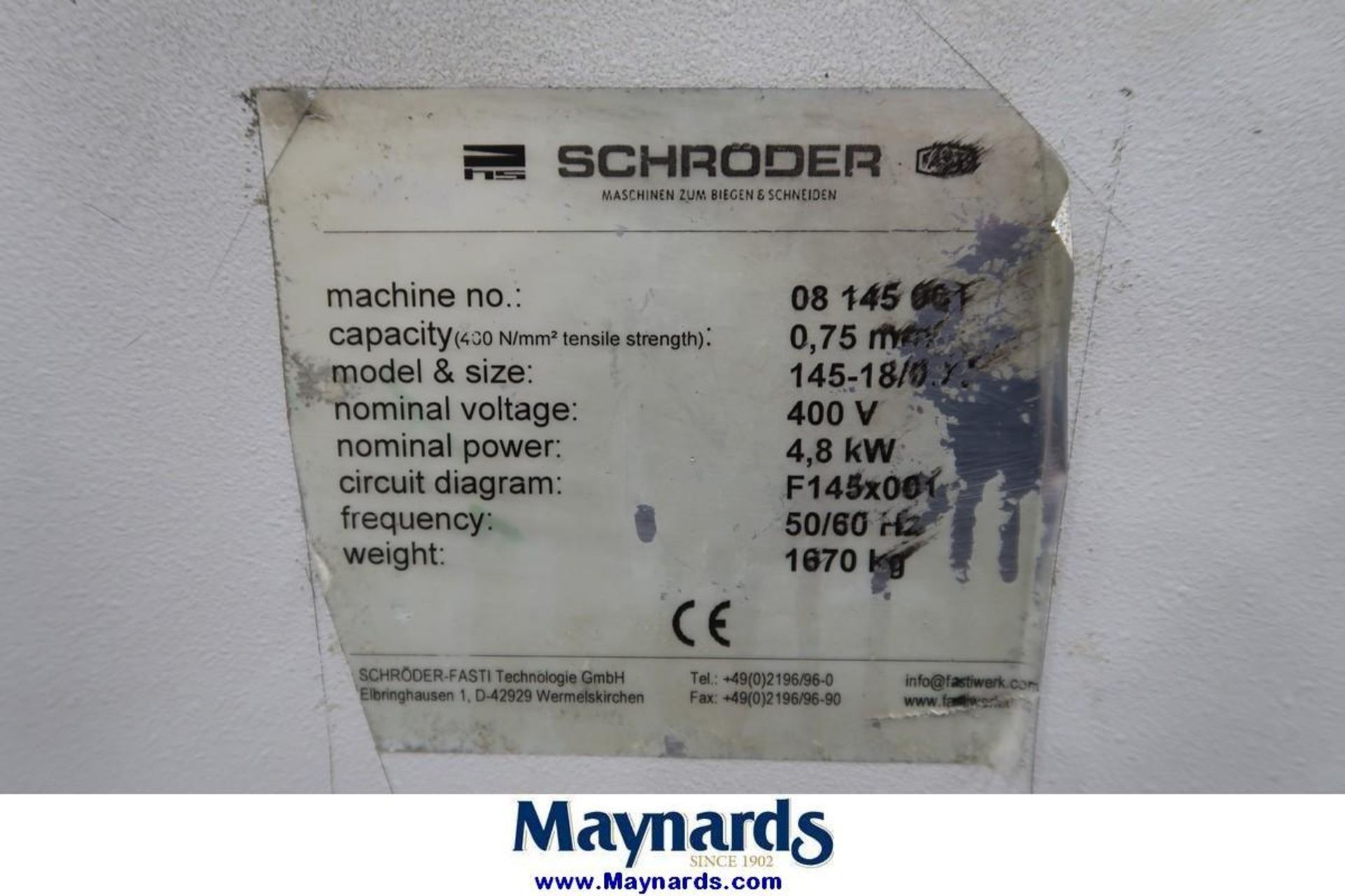 Schroder-Fasti 145-18/075 Reflector Slip Bending Roll - Image 8 of 8