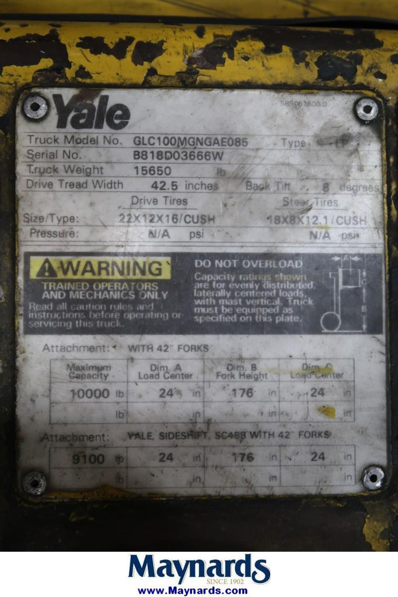 1999 Yale GLC100MGNGAE085 10,000 Lb. Capacity LP Type Fork Lift - Image 10 of 10