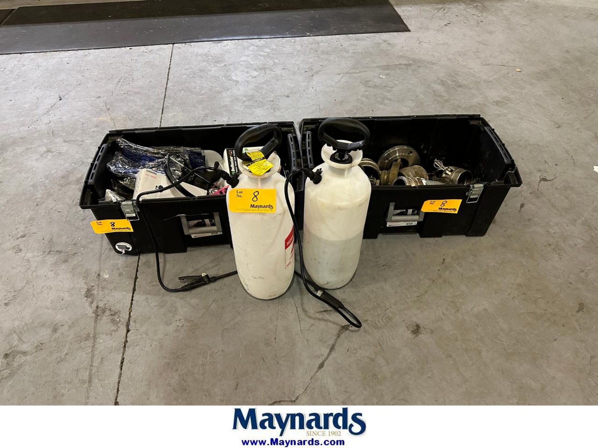 Lot of Misc. Adapters, PPE, Boxes, (2) Tank Sprayers