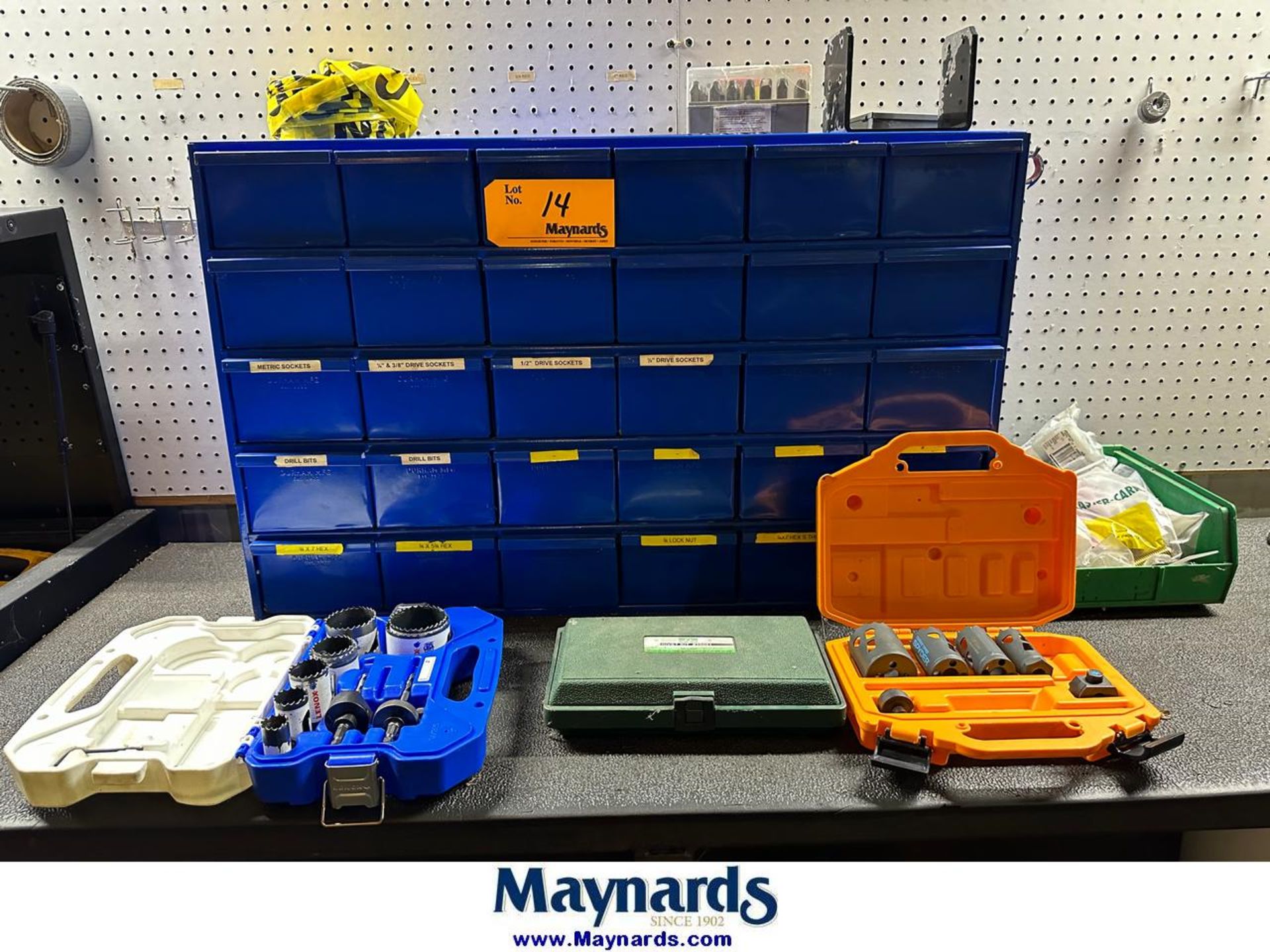 Lot of Hols Saws, Misc. Sockets and Storage Bin