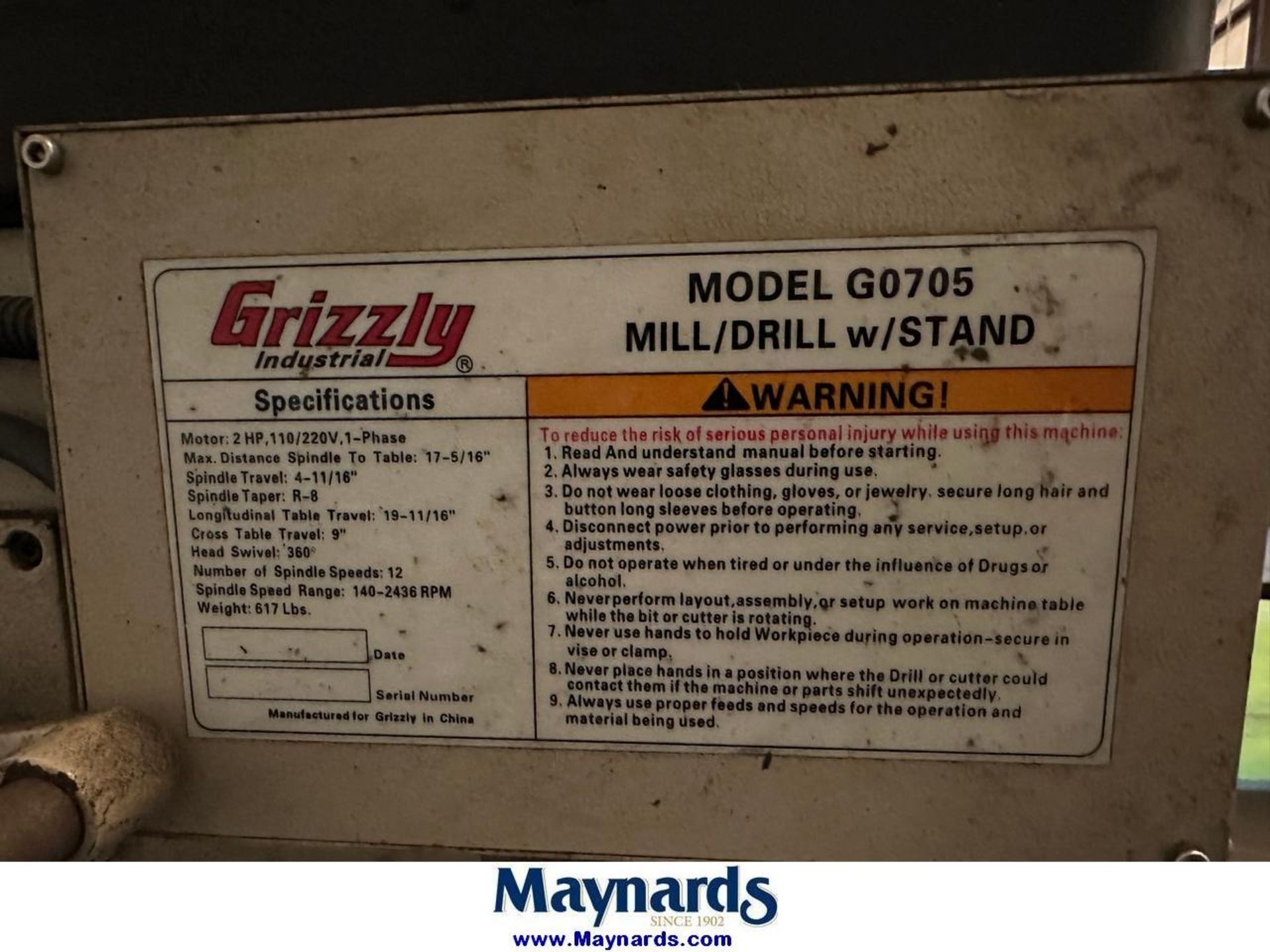Grizzly G0705 Mill/ Drill Machine - Image 4 of 4