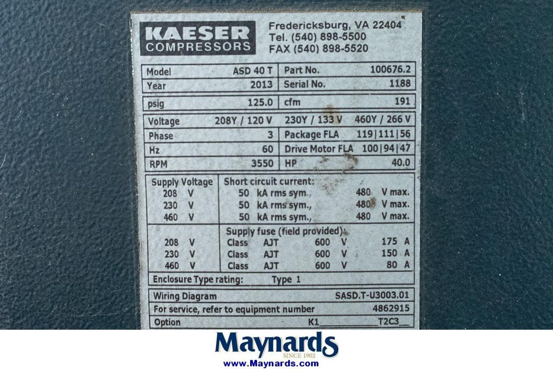 2013 Kaeser ASD 40T 40 HP Air Compressor - Image 8 of 12