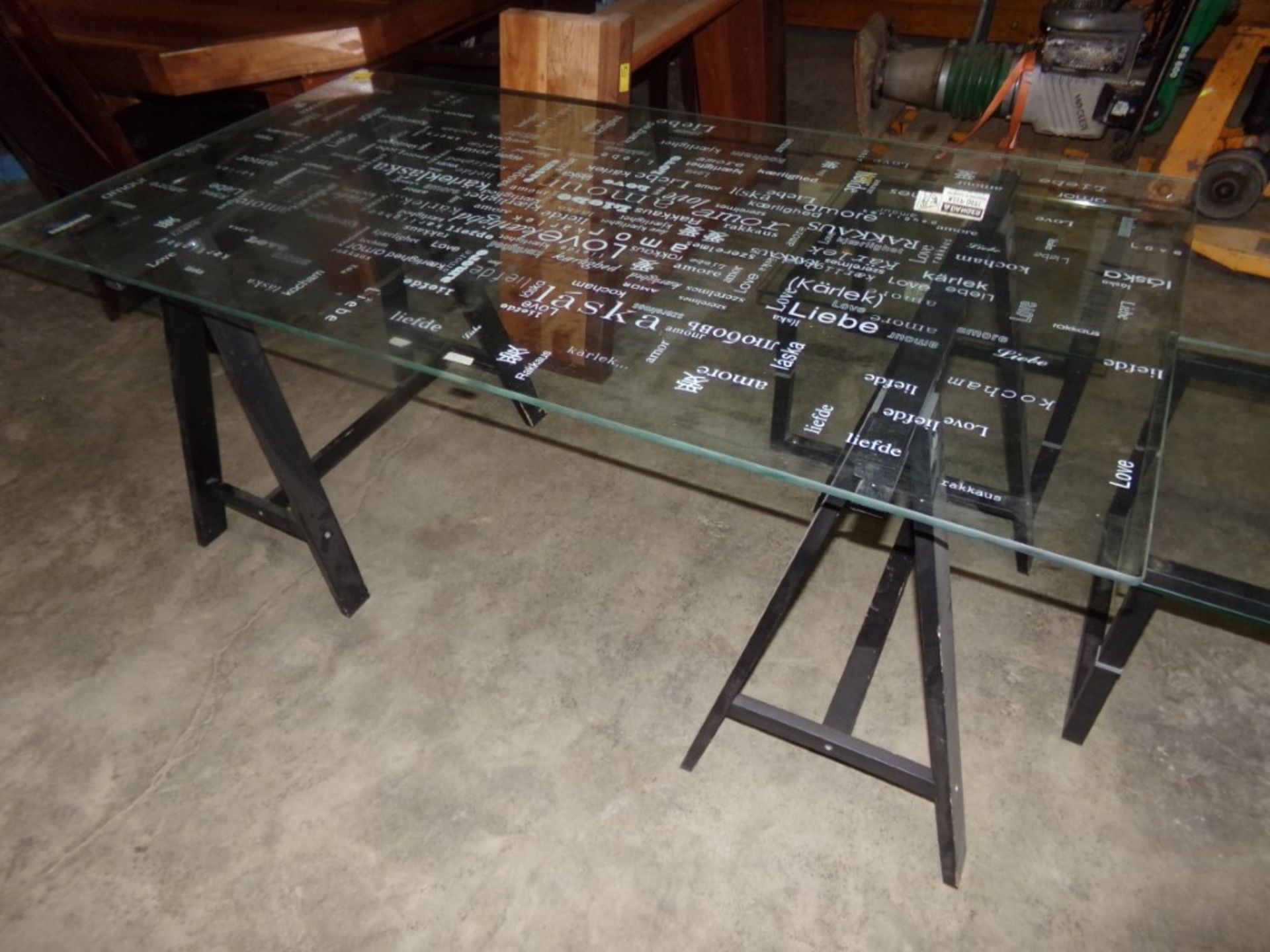 59'' x 31'', Clear,Glass, Saw Horse, Table