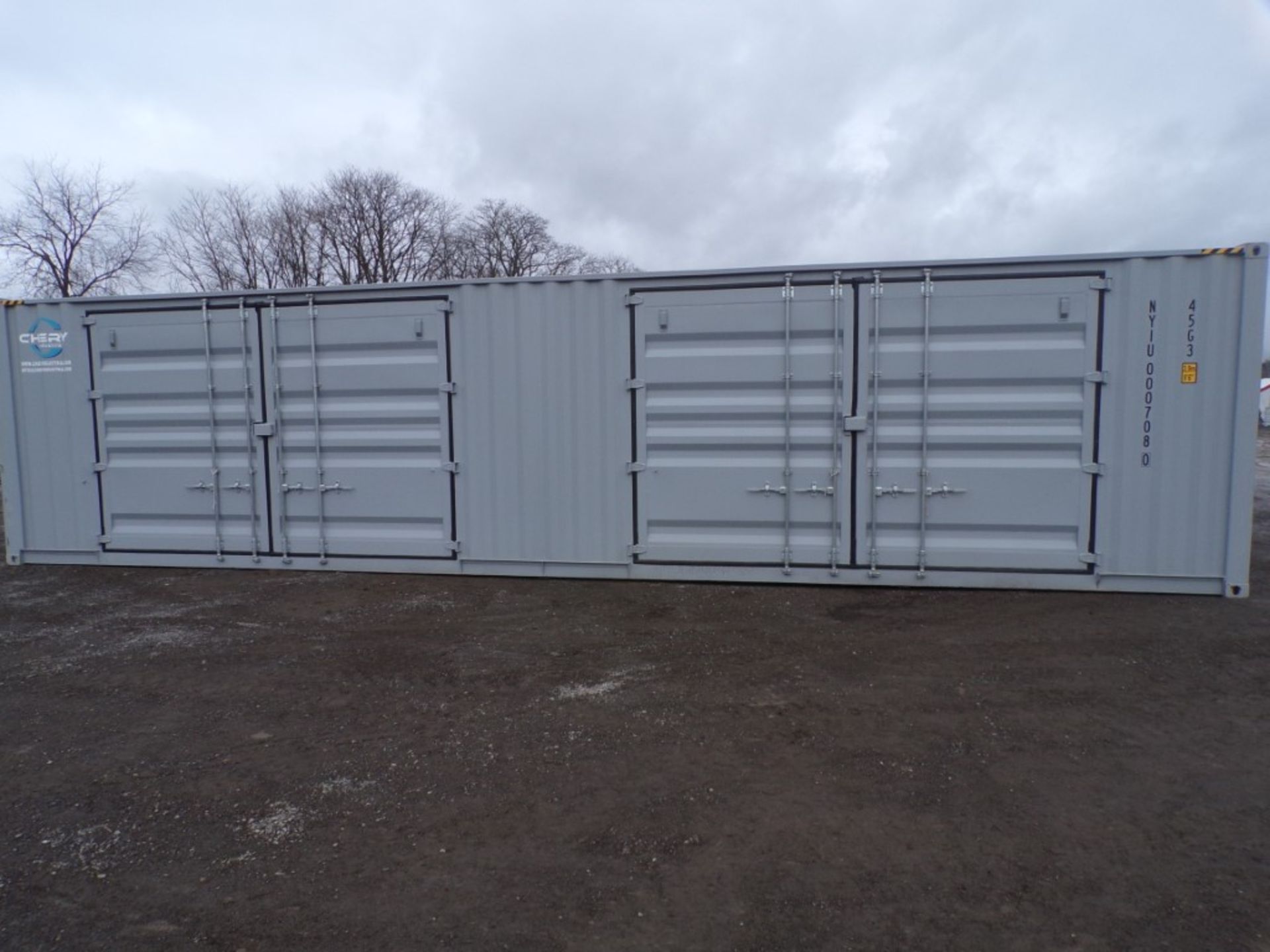 New Gray 40' Storage Container, (2) Large Side Access Doors, Barn Doors in 1 End, Cont # NY0007080