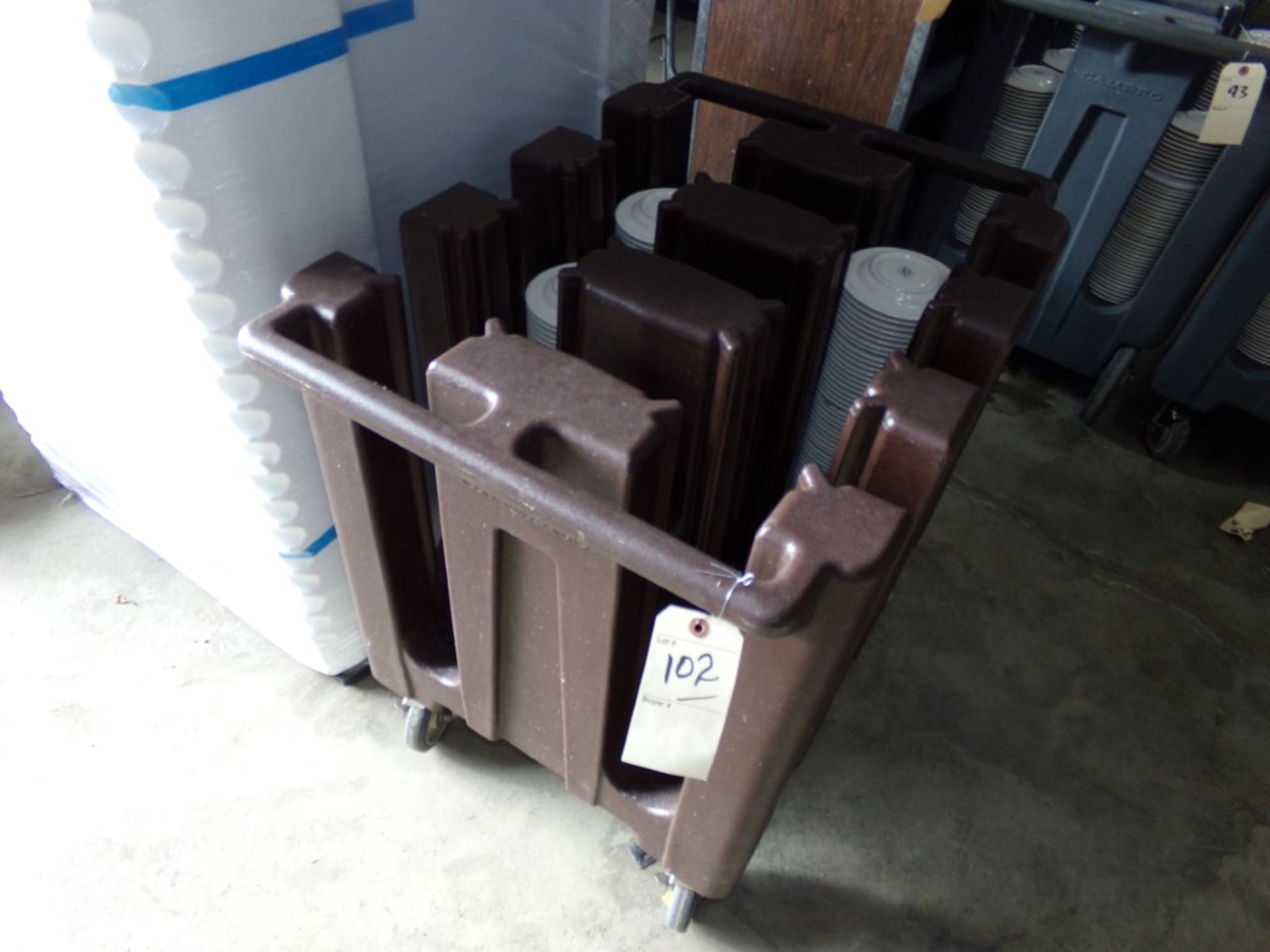 Brown Plastic China Storage Cart With (3) Stacks of Saucers (Syracuse China)