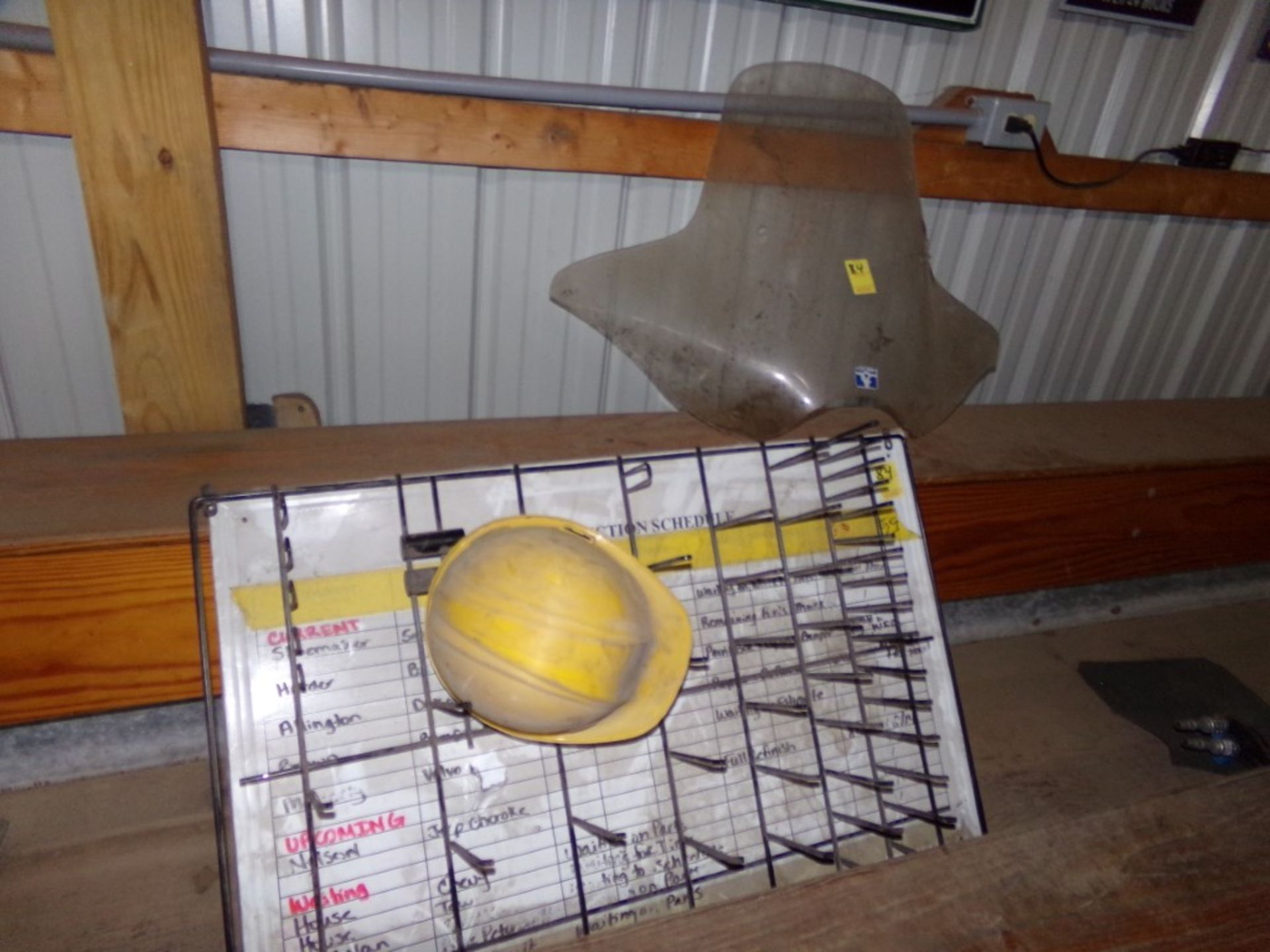 Windshield and Wire Rack, Yellow Hard Hat, White Board