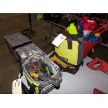 Igloo Soft Cooler With Misc Tools, (2) Soft Tool Bags (Ryobi and DeWalt) and Red Bucket With Bolt