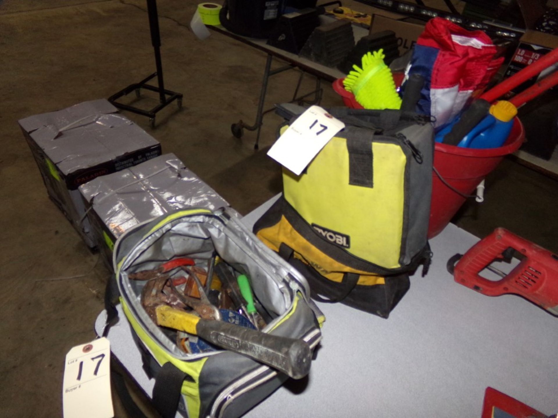 Igloo Soft Cooler With Misc Tools, (2) Soft Tool Bags (Ryobi and DeWalt) and Red Bucket With Bolt