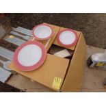 Box With Dinner Plates, Salad Bowls and Saucers (White and Pink With Gold Trim), (In Tent Building)